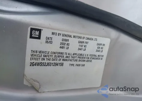 2003 Buick Century Custom z USA, uszkodzony, nr VIN 2G4WS52J631294158